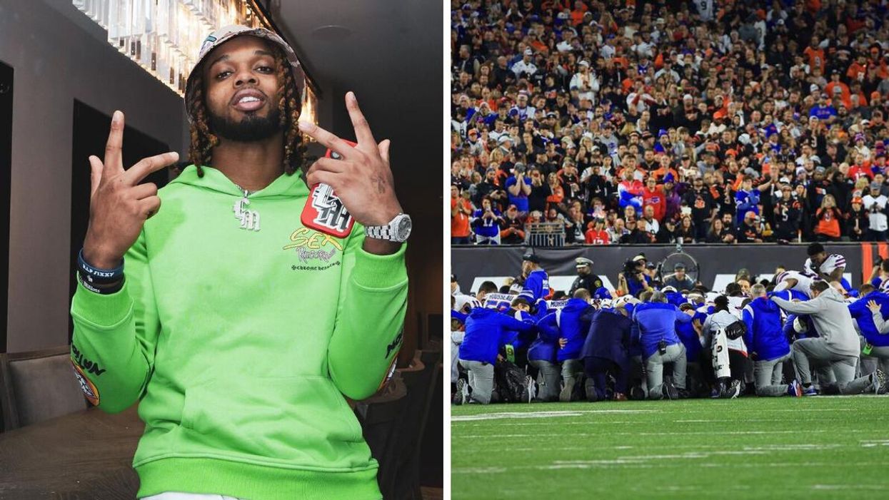 Damar Hamlin. Right: The Buffalo Bills team after Hamlin was injured during a game on Jan. 2.
