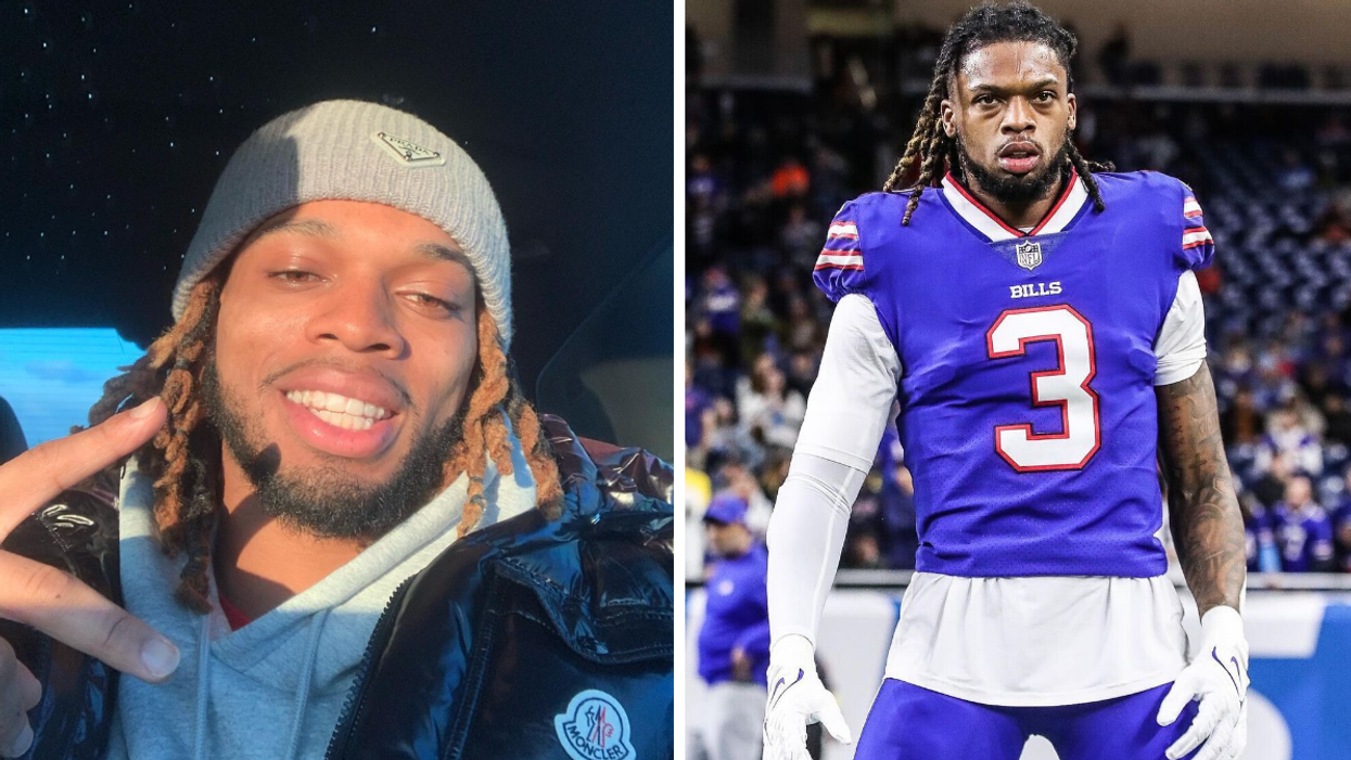 Damar Hamlin with a beanie on. Right: Damar Hamlin in uniform.