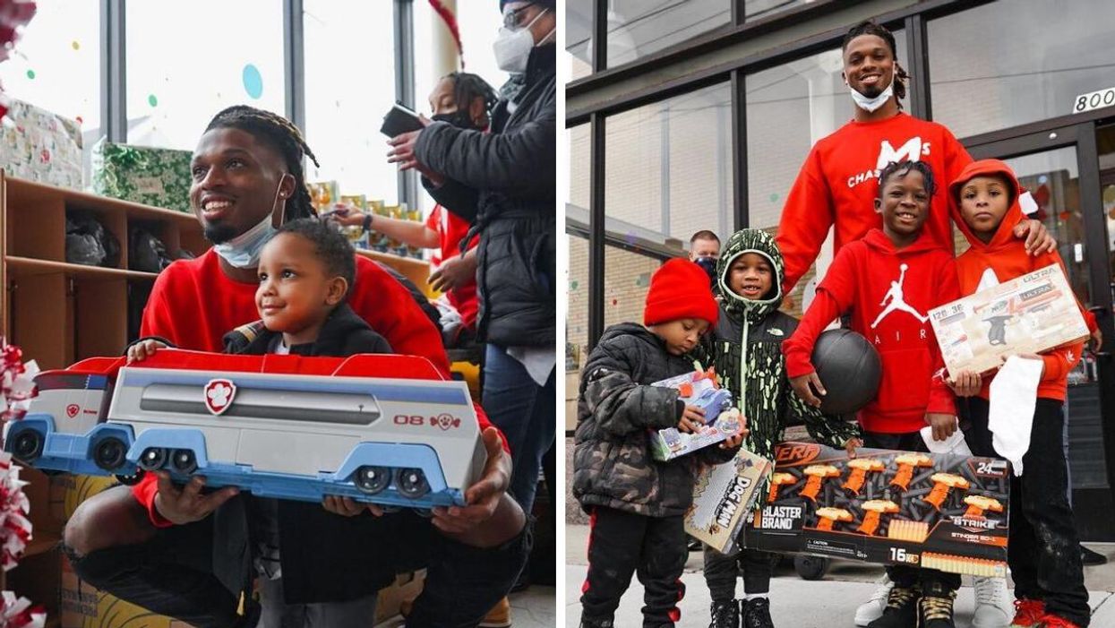 Damar Hamlin with kids at Kelly and Nina's daycare center in McKee Rocks, Pennsylvania.