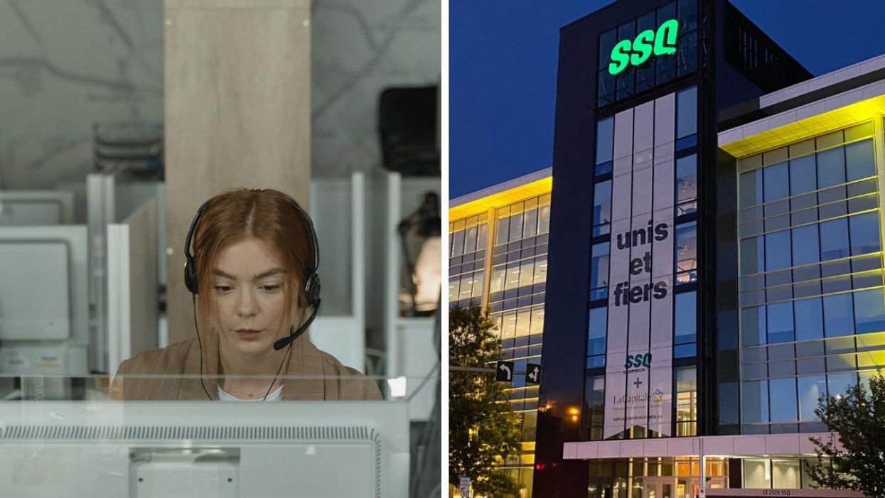 Dame avec un casque d'écoute. Droite : Devanture de SSQ Assurance.