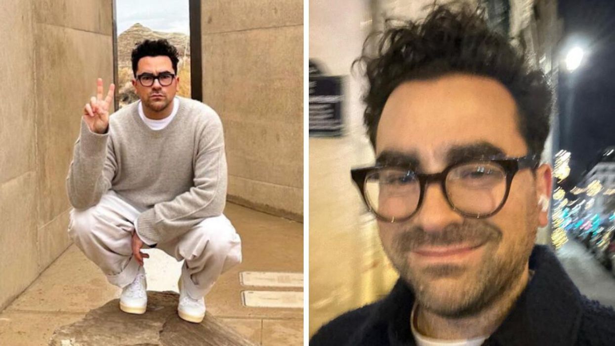 Dan Levy crouching. Right: Dan Levy in a blurry selfie.