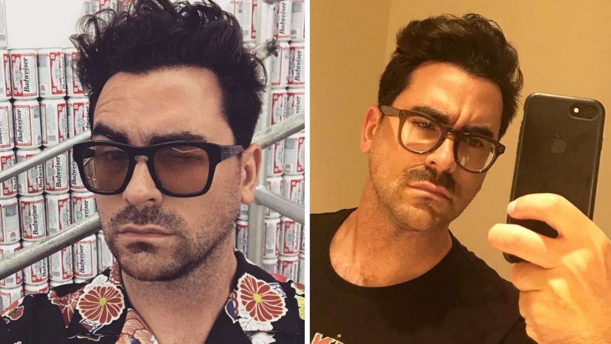 Dan Levy posing in front of beer cans. Right: Dan Levy taking a selfie.