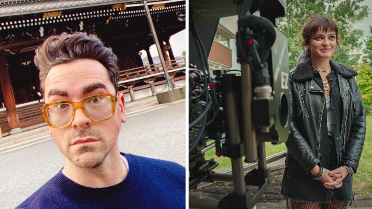 Dan Levy. Right: Sex Education's Emma Mackey filming a scene for the Netflix show.