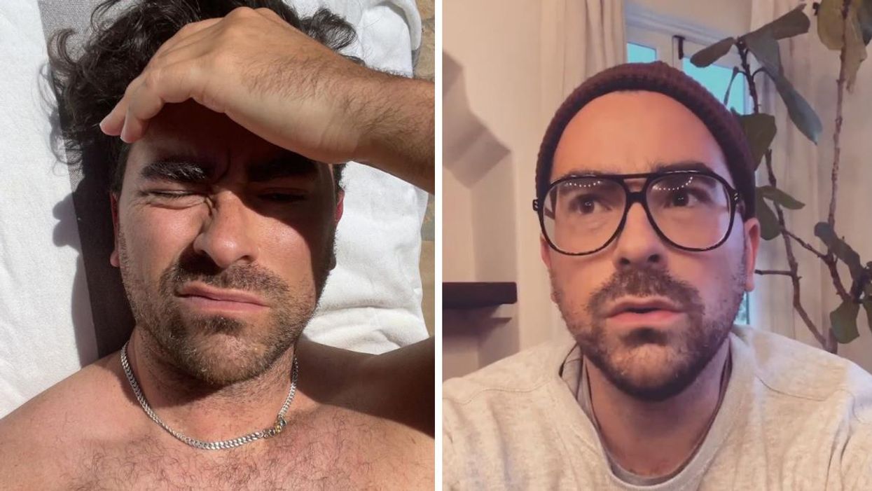 Dan Levy shading his face from the sun. Right: Dan Levy mid-sentence.