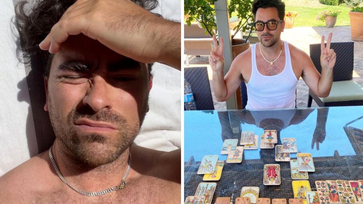 Dan Levy shielding his eyes from the sun. Right: Levy posing with tarot cards on a table.