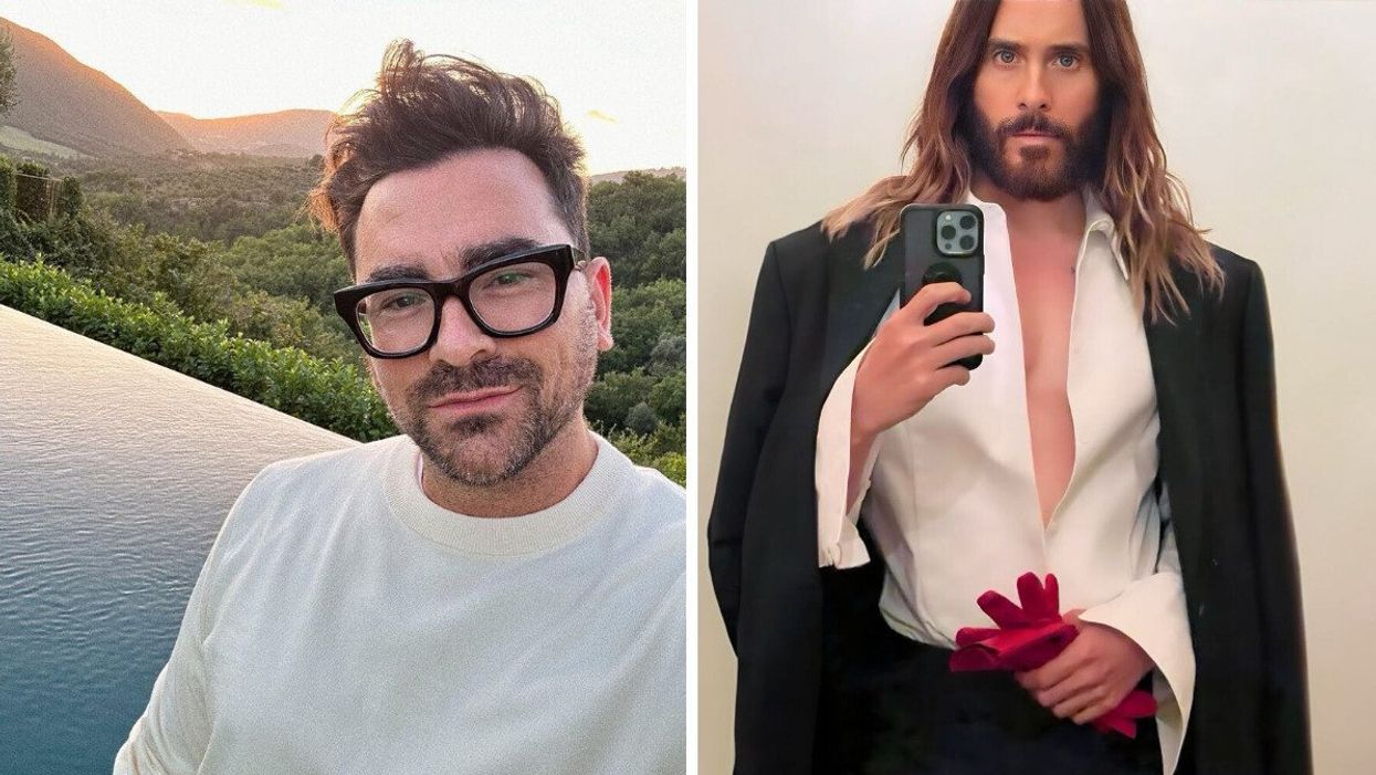 Dan Levy smiling at the camera taking a selfie. Right: Jared Leto in a suit, holding red gloves and taking a selfie.