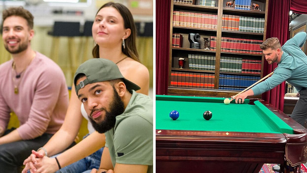 Dan Szabo, Renee Mior, Ty McDonald in BBCAN. Right: Jonathan Leonard playing pool in the Big Brother Canada House.