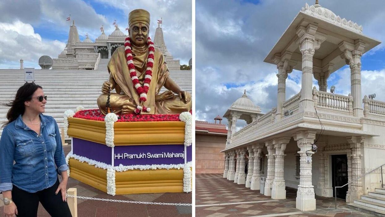 Dana Shemesh standing next to a statue at the BAPS Shri Swaminarayan Mandir in Georgia. The BAPS Shri Swaminarayan Mandir in Georgia.