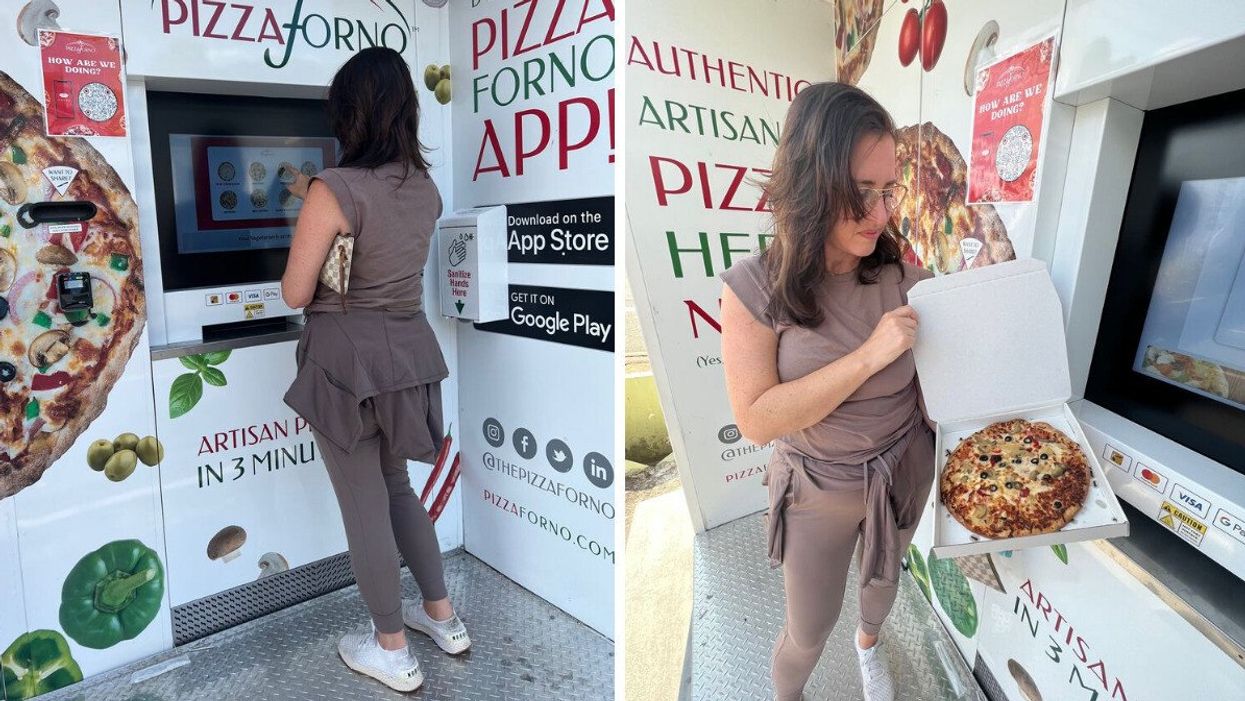 Dana trying out Atlanta's pizza vending machine.