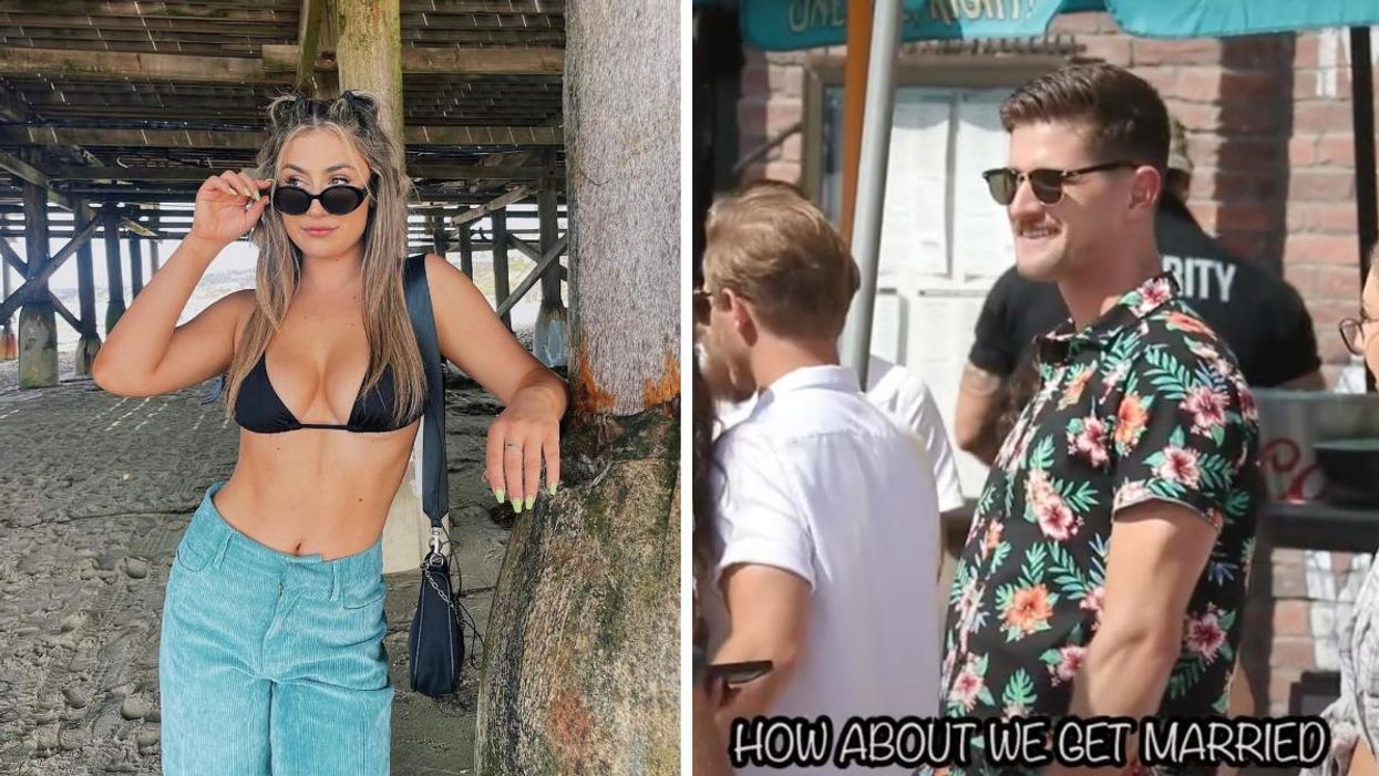 Dani Jackel on the beach in a black bathing suit top. Right: A man's reaction to Dani Jackel's prank.