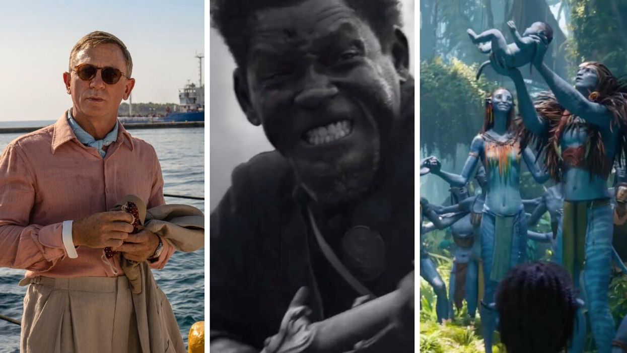 Daniel Craig in "Glass Onion: A Knives Out Mystery." Middle: Will Smith in "Emancipation." Right: A scene from "Avatar: The Way Of Water."