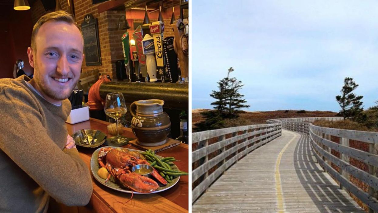 Daniel Milligan eating a lobster dinner. Right: A boardwalk in PEI.