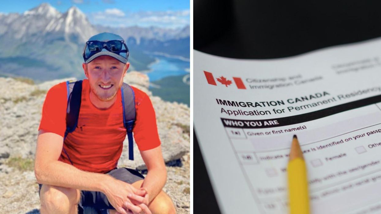 Daniel Milligan on top of a mountain in Alberta. Right: A permanent residency application and pencil.