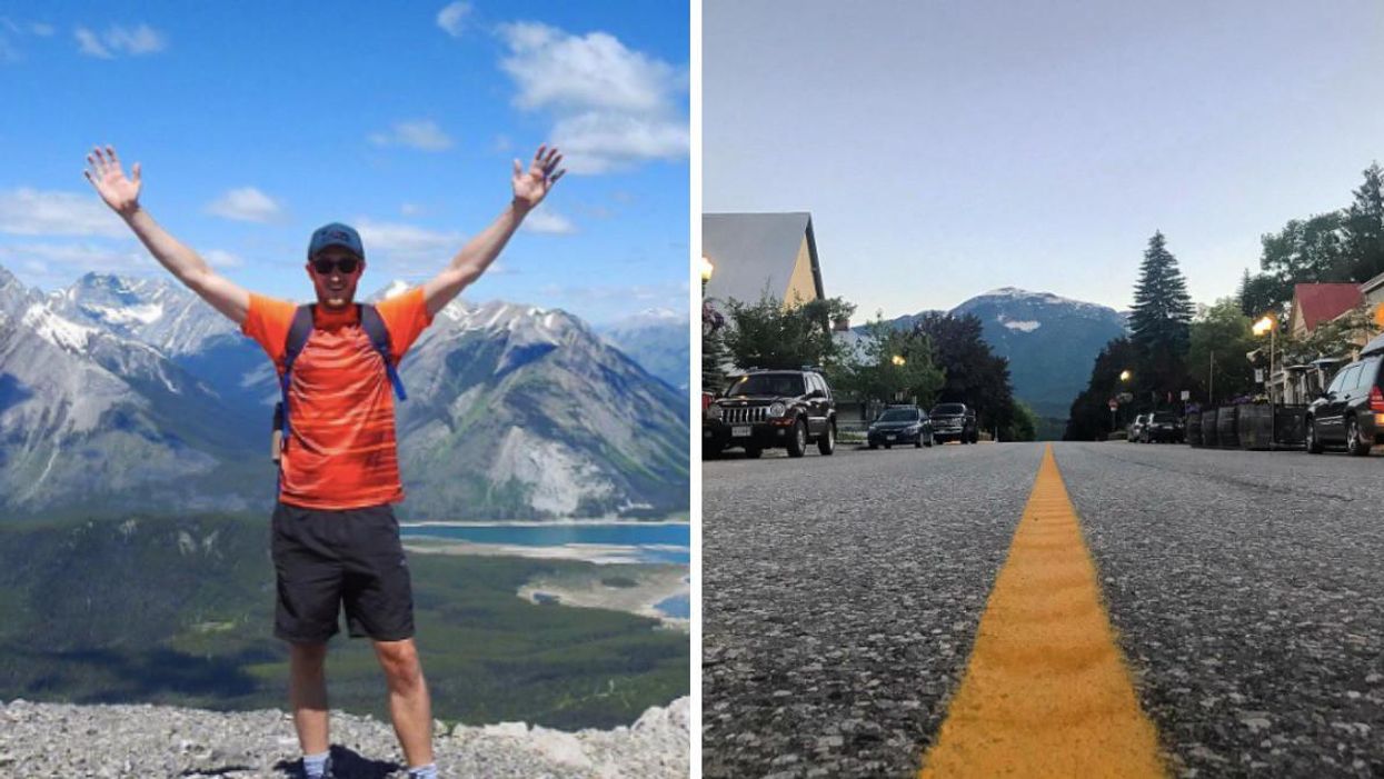 Daniel Milligan with arms outstretched on top of a mountain in Alberta. Right: Middle of the road in Revelstoke, BC.