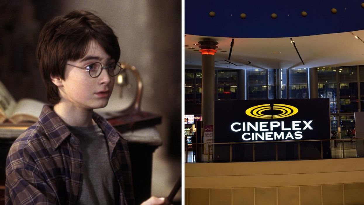 Daniel Radcliffe dans Harry Potter. Droite : Enseigne de Cinemas Cineplex.