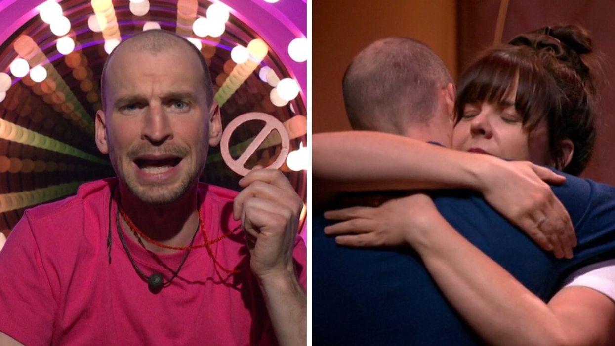 Daniel Savoie, dans le confessionnal à Big Brother, montre son véto. Droite : Daniel enlace Joëlle.