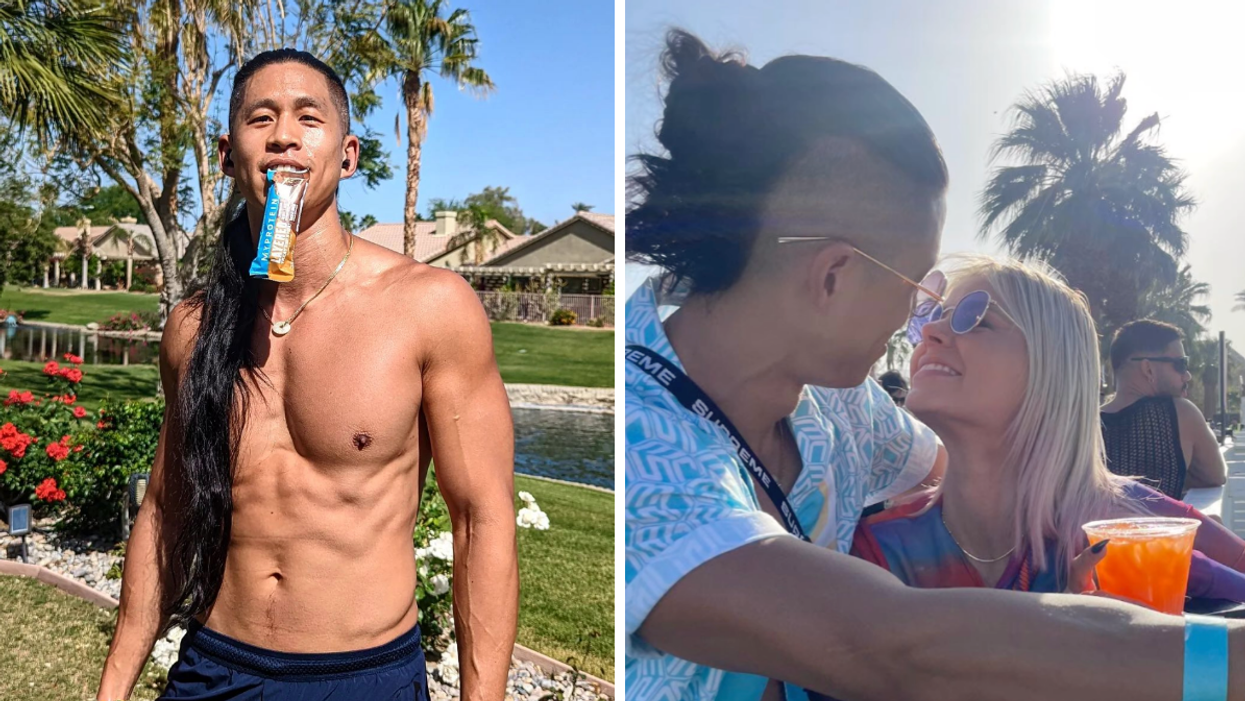 Daniel Wai with a protein bar in his mouth. Right: Daniel Wai and Ariana Madix at Coachella.