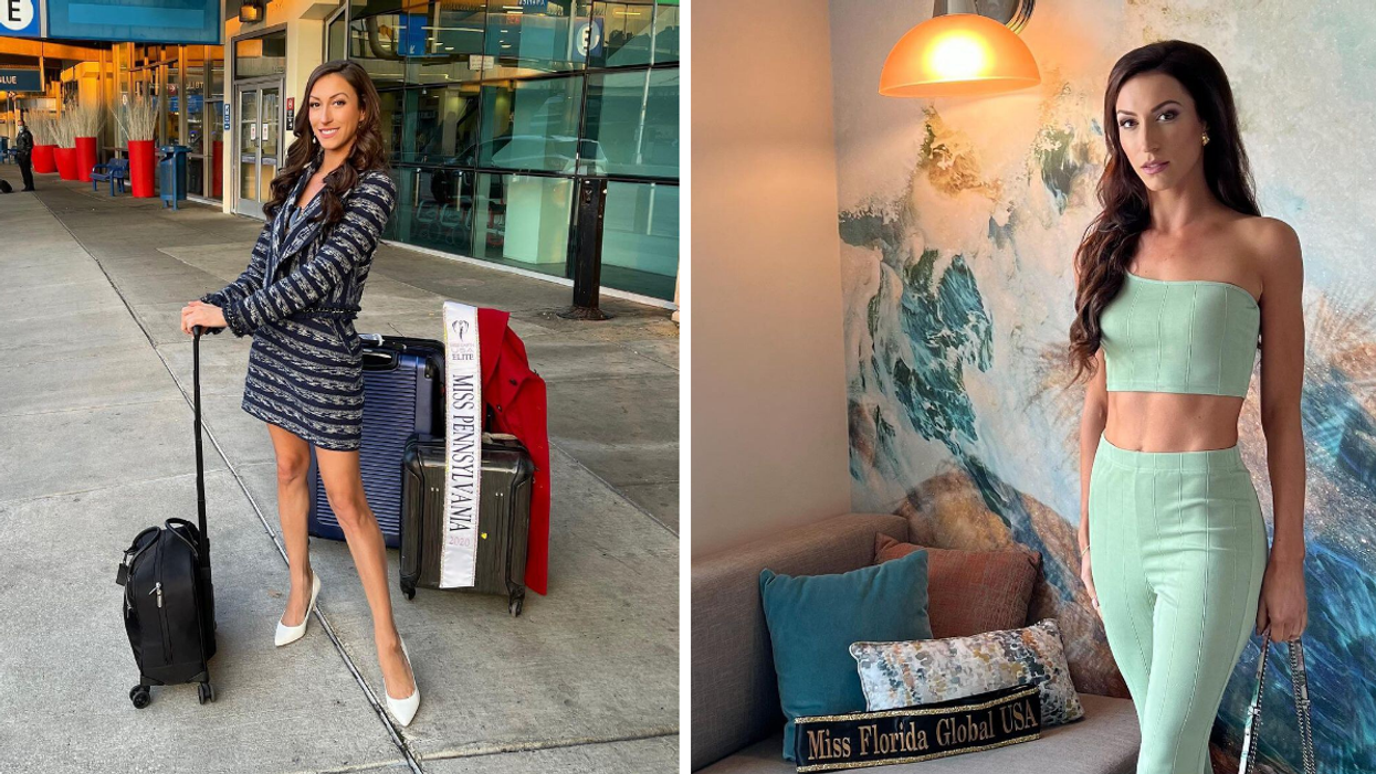 Danielle Alura with luggage. Right: Danielle Alura at the Miss Global USA competition in Orlando.