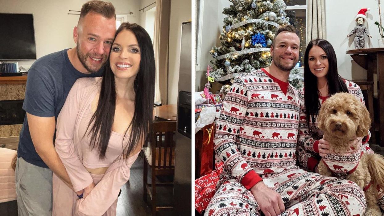 Danielle Ruhl and Nick Thompson. Right: Danielle Ruhl and Nick Thompson with their dog.