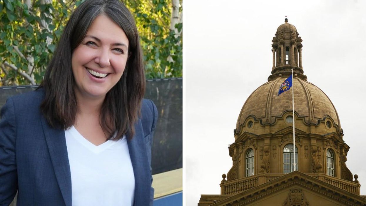 Danielle Smith. RIght: The Alberta Legislature building.