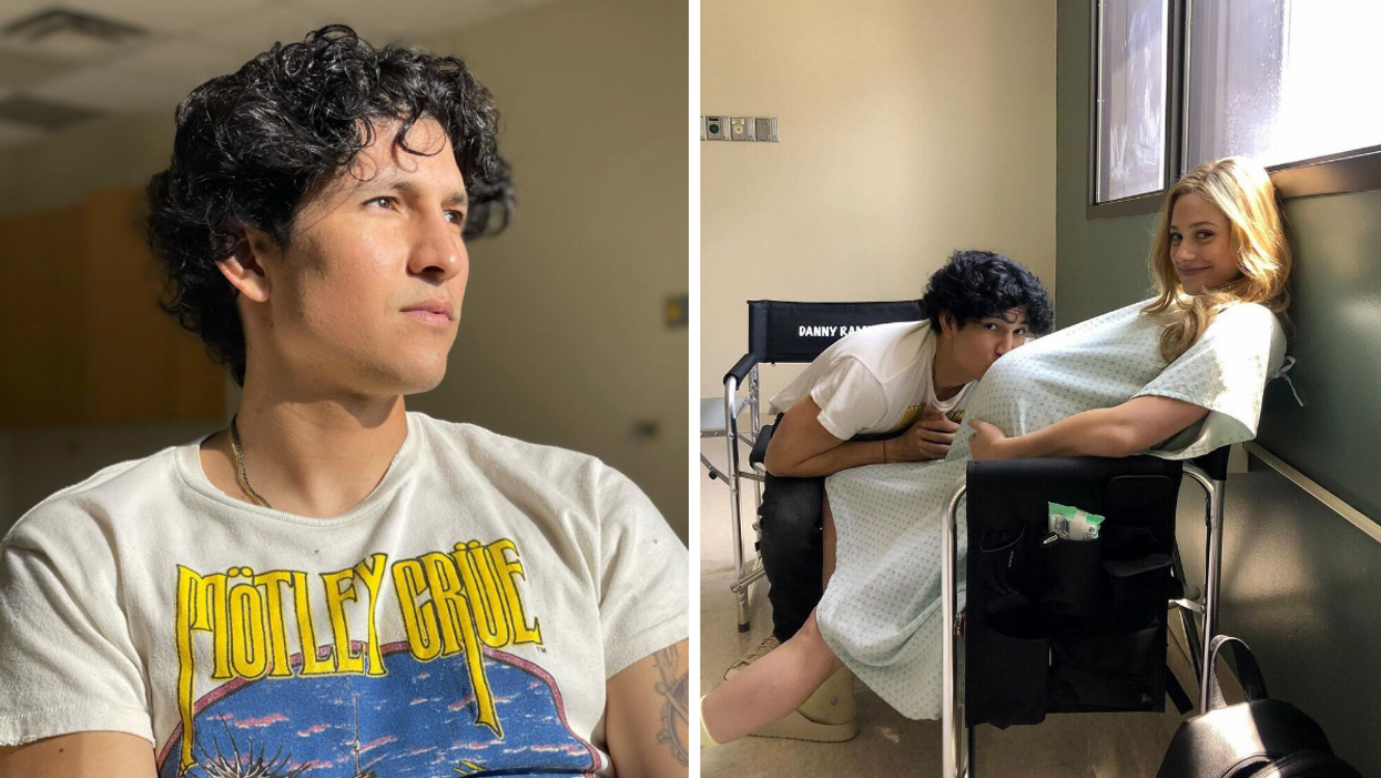 Danny Ramirez on set for 'Look Both Ways.' Right: Lili Reinhart and Danny Ramirez on set for 'Look Both Ways'.