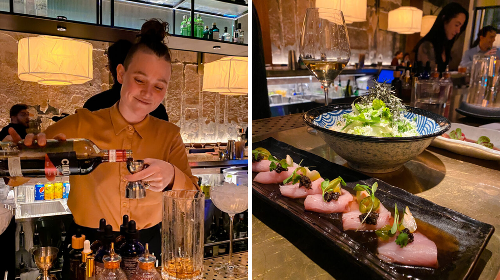 Daphn\u00e9e Vary, mixologue. Droite : Sashimi hamachi et salade c\u00e9sar Nomi.