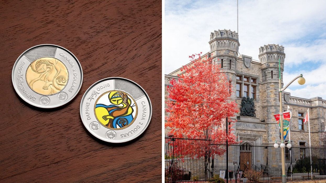 daphne odjig toonies. right: exterior of royal canadian mint building in ottawa