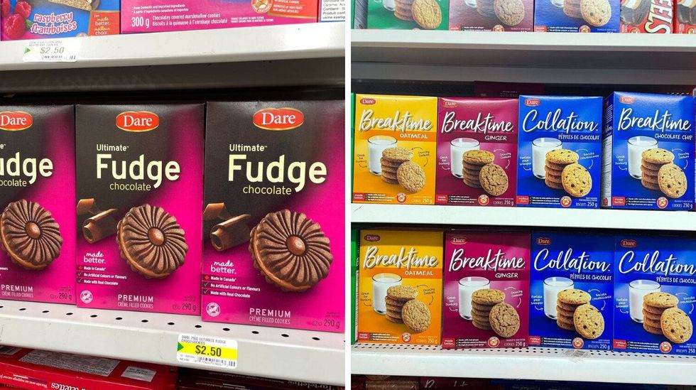 dare fudge cookies on a shelf at dollarama. right: dare cookies on shelves at dollar tree