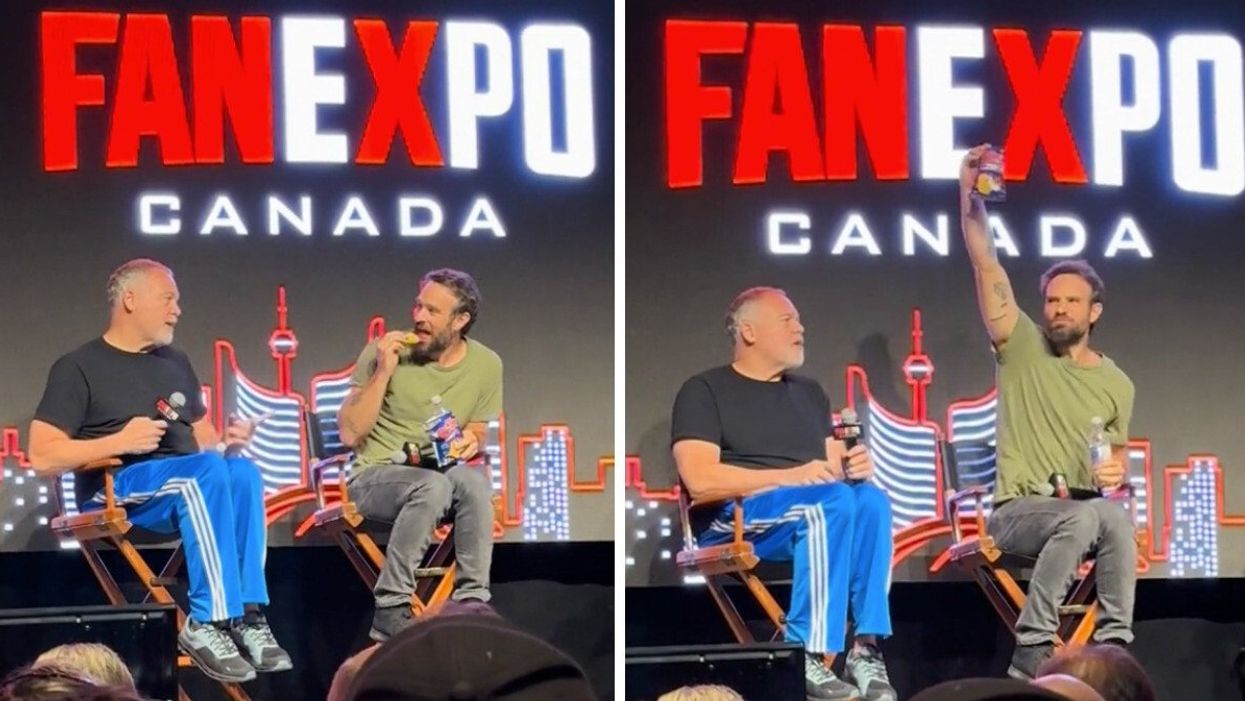 "Daredevil" actors Vincent D'Onofrio and Charlie Cox try Canadian chips at Fan Expo Canada in Toronto.