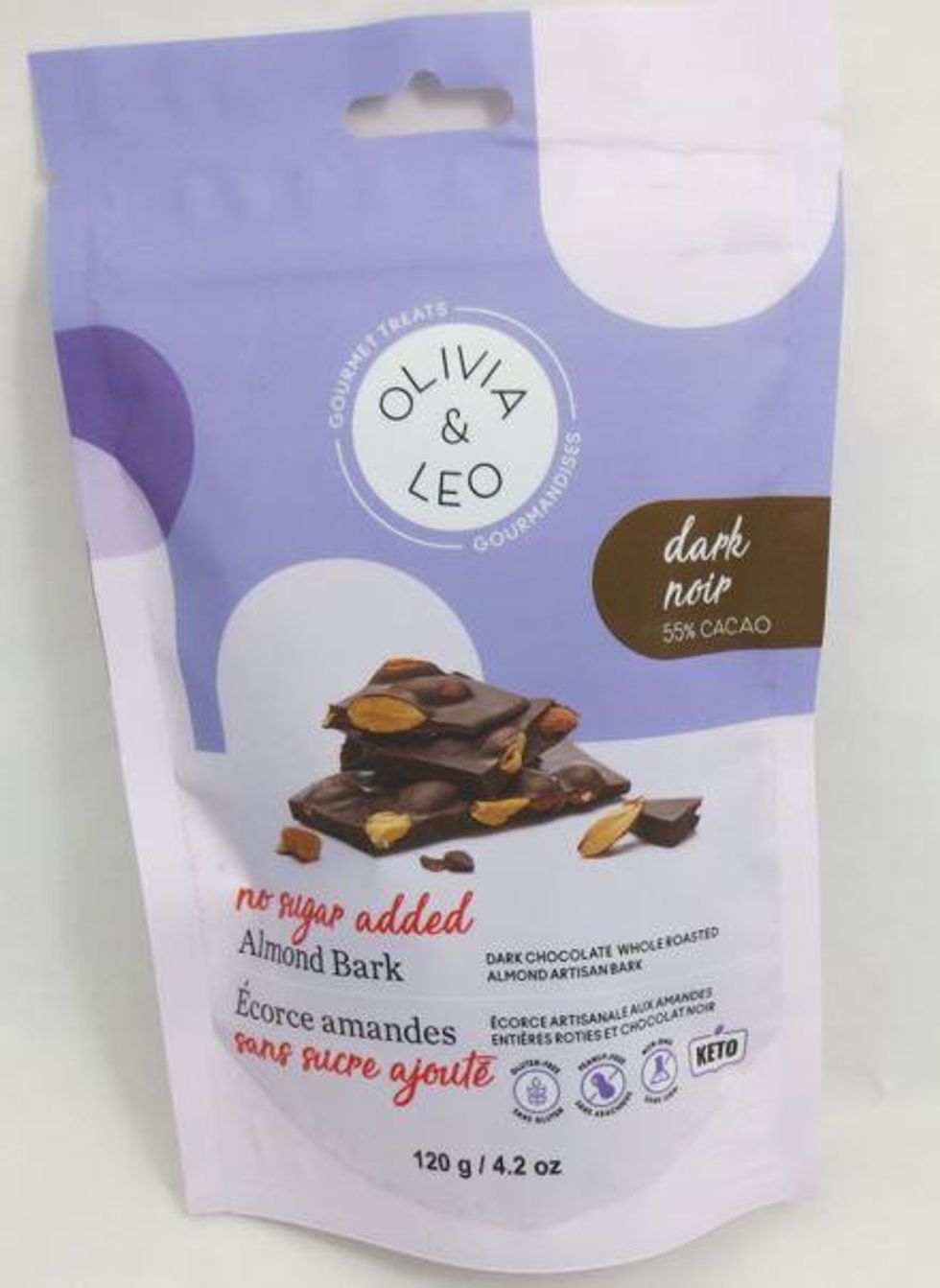 Dark 55% Cacao Almond Bark from Olivia & Leo Gourmet Treats.