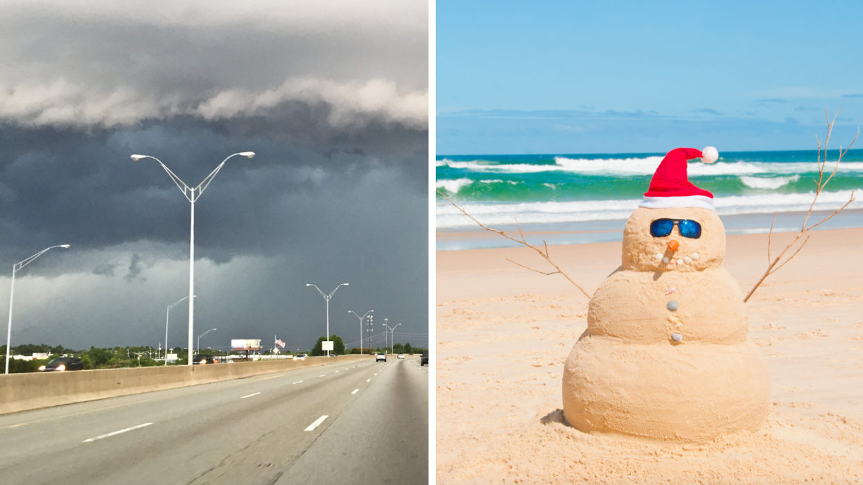 Dark clouds in Florida. Right: A snowman made out of sand on the beach.