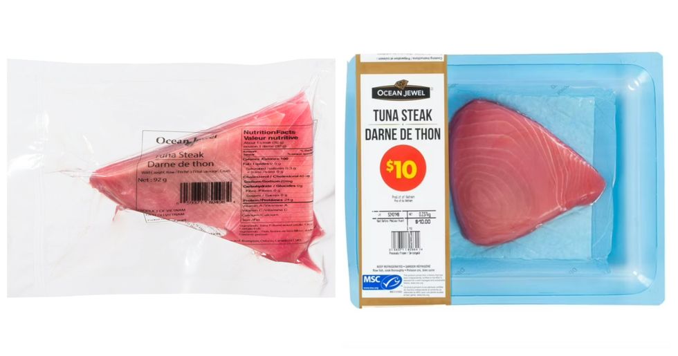 Darne de thon sur fond blanc. Droite : Darne de thon sur fond blanc