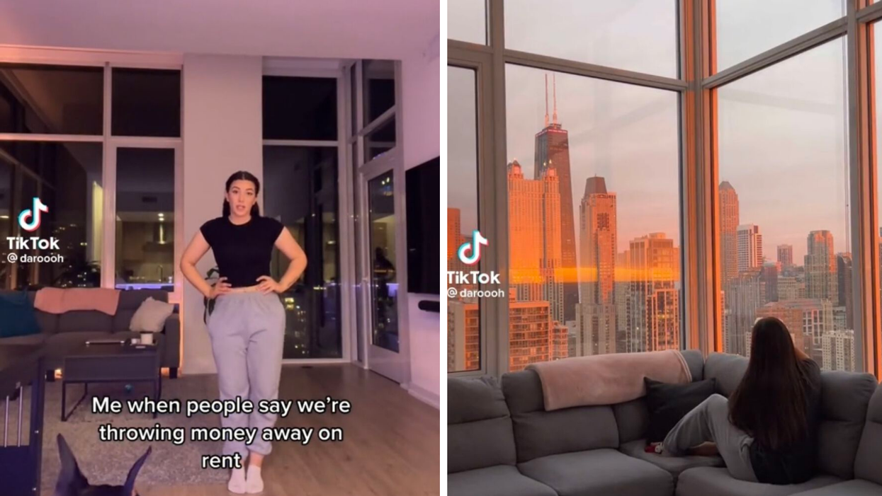Daro in a TikTok. Right: Daro in her apartment watching the sun rise in Chicago, IL.