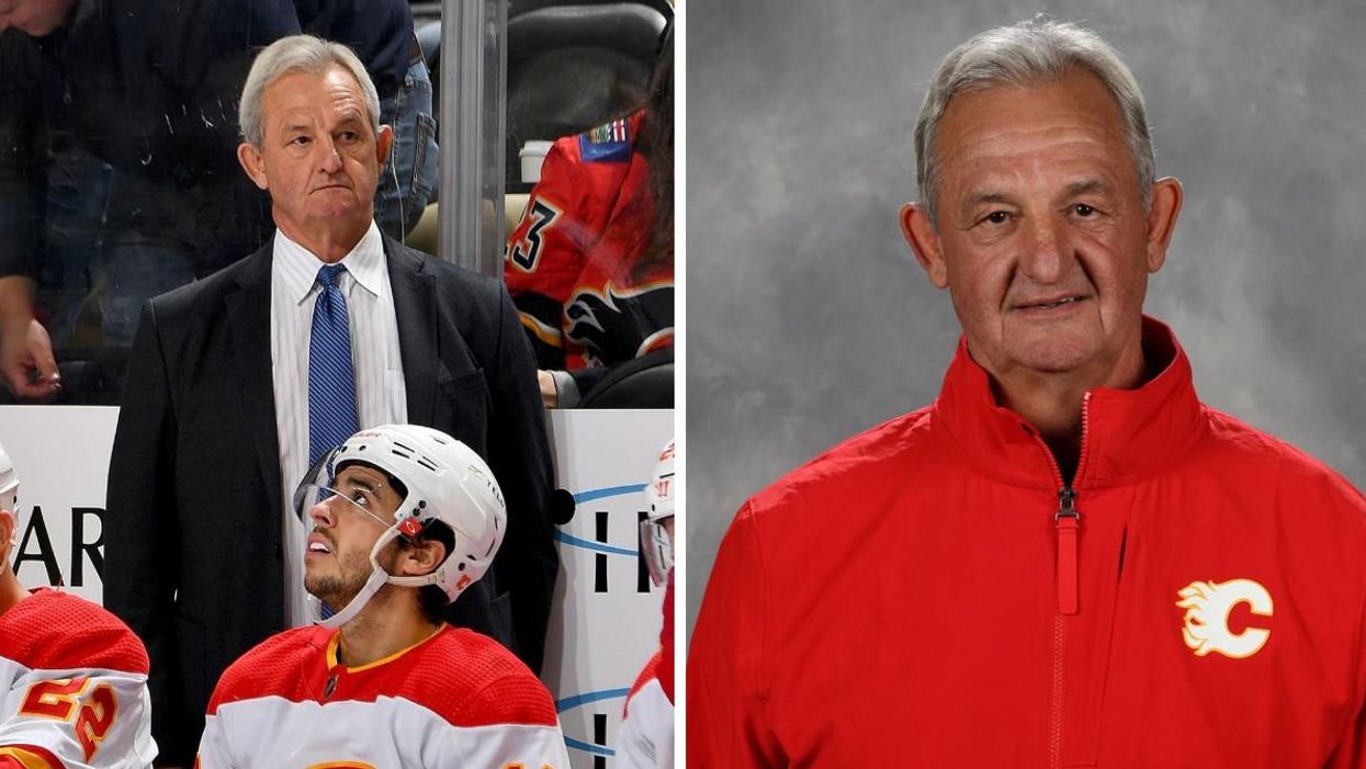 Darryl Sutter at a Calgary Flames game. Right: Darryl Sutter