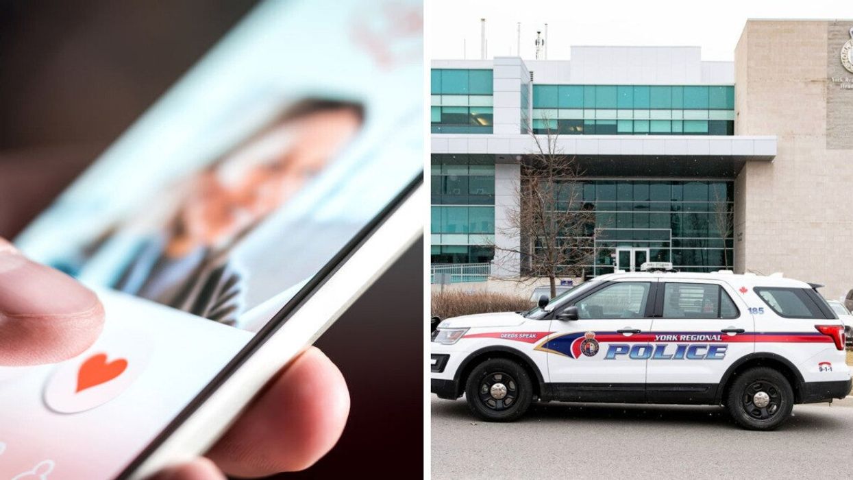 Dating app or site in mobile phone screen. Right: YRP car seen.