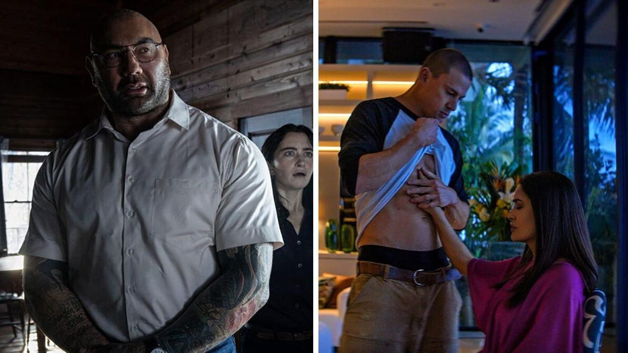 Dave Bautista in "Knock At The Cabin". Right: Channing Tatum and Salma Hayek in "Magic Mike's Last Dance."