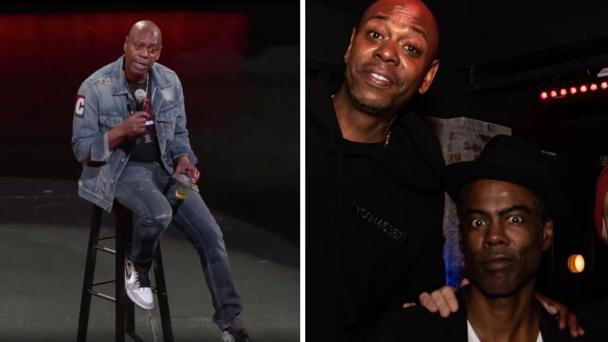 Dave Chappelle on stage during a show. Right: Dave Chappelle and Chris Rock.