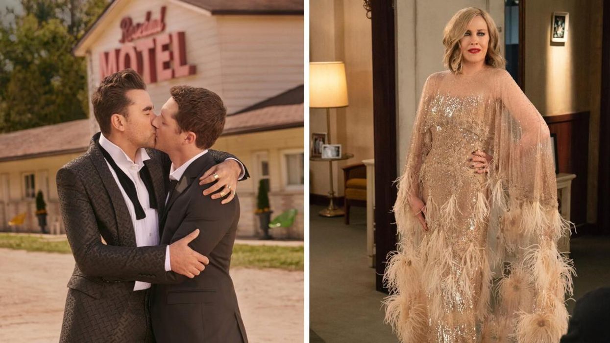 David and Patrick kiss outside the Rosebud Motel. Right: Moria Rose wearing "the dress."