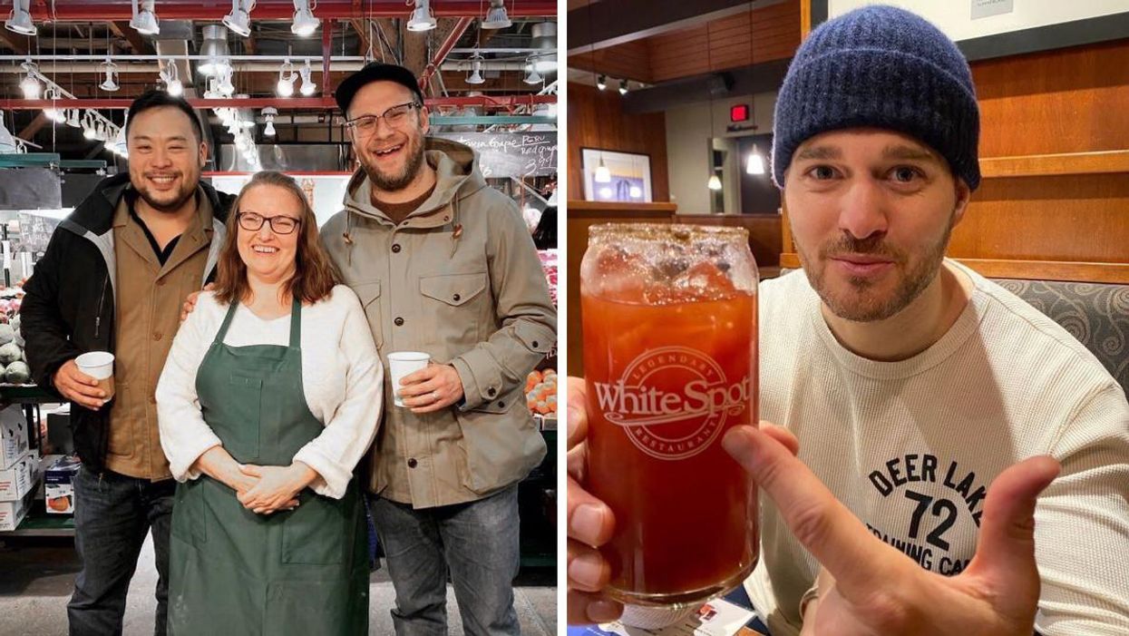 David Chang, a lady and Seth Rogen smiling. Right: Michael Bublé holding a Caesar.