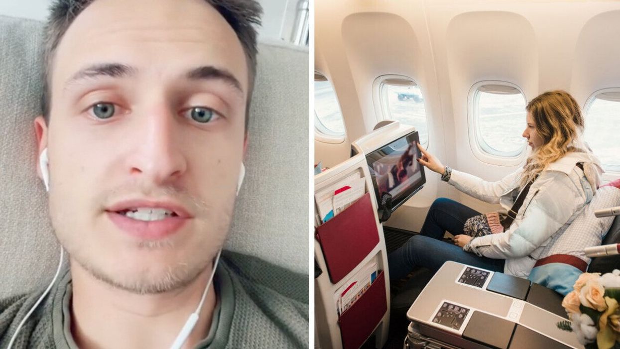 David Scarlatescu on TikTok. Right: Someone in a business class seat.