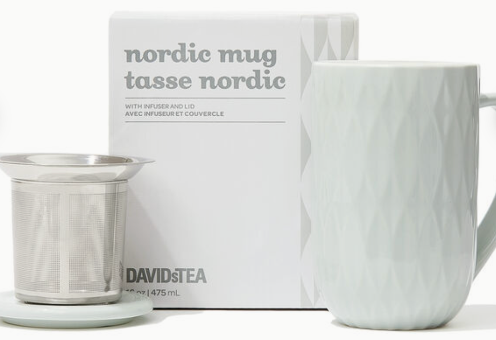 DAVIDsTEA Nordic Mug with infuser and lid.