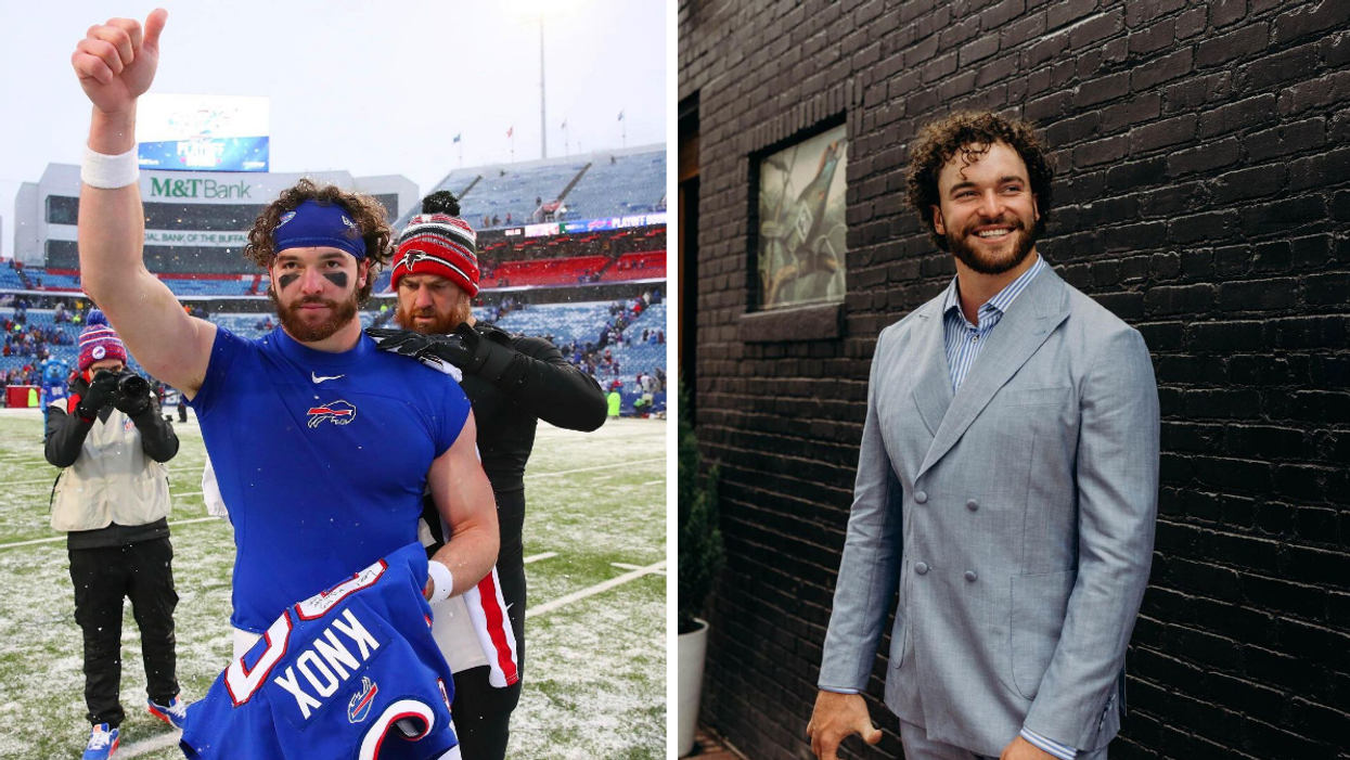 Dawson Knox playing for the Buffalo Bills. Right: Dawson Knox in a suit.
