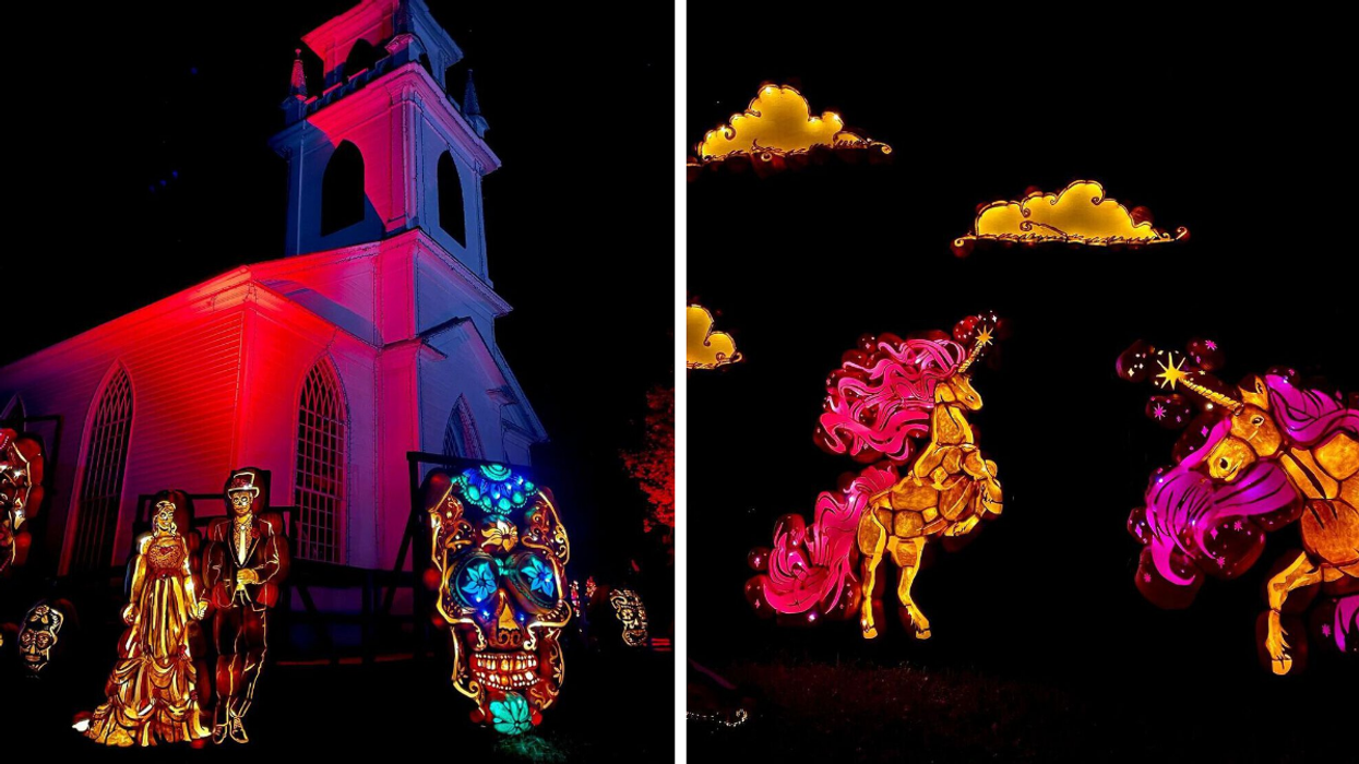 Day of the Dead themed pumpkin carvings. Right: Unicorn lack-o-lanterns at Pumpkinferno.