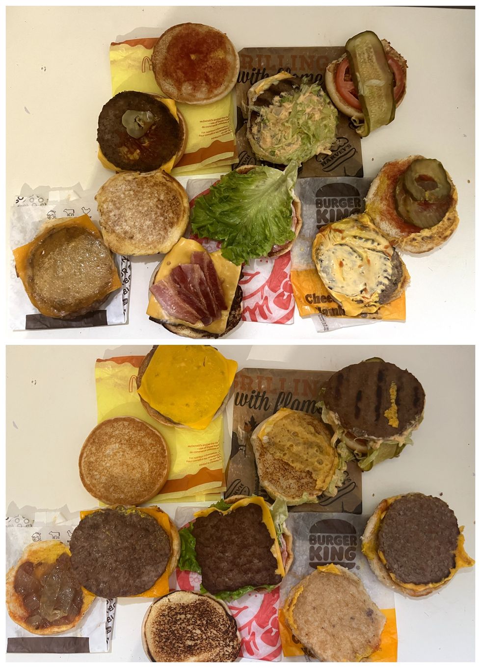 De gauche \u00e0 droite, en haut : Cheeseburgers de McDonald's et Harvey's. En bas : A&W, Wendy's, Burger King.