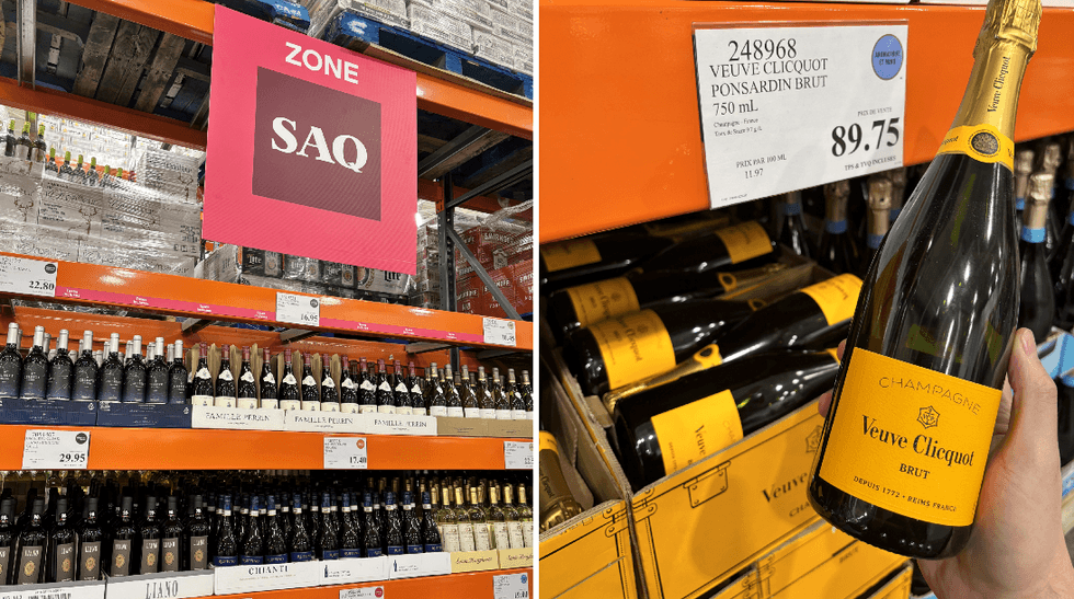 De l'alcool et une affiche. Droite : du champagne.