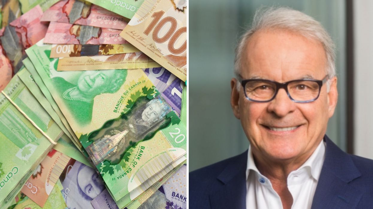 De l'argent canadien. Droite : Alain Bouchard, cofondateur d'Alimentation Couche-Tard.