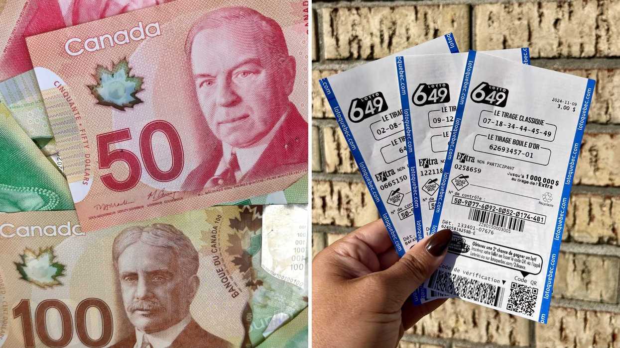 De l'argent canadien. Droite : des billets de Loto-Québec.