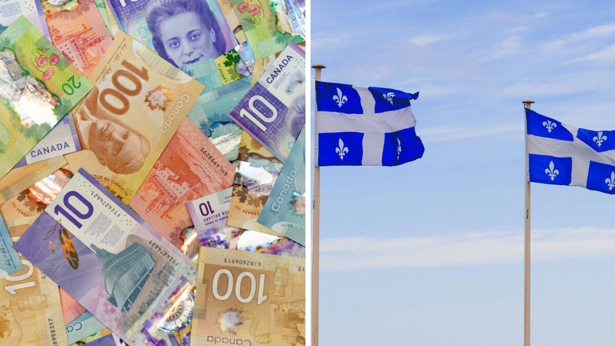 De l'argent canadien. Droite : Des drapeaux du Québec.