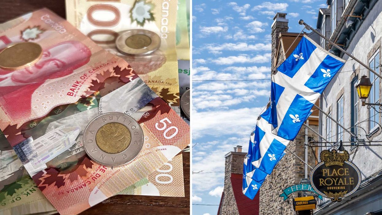 De l'argent canadien. Droite : des drapeaux du Québec.