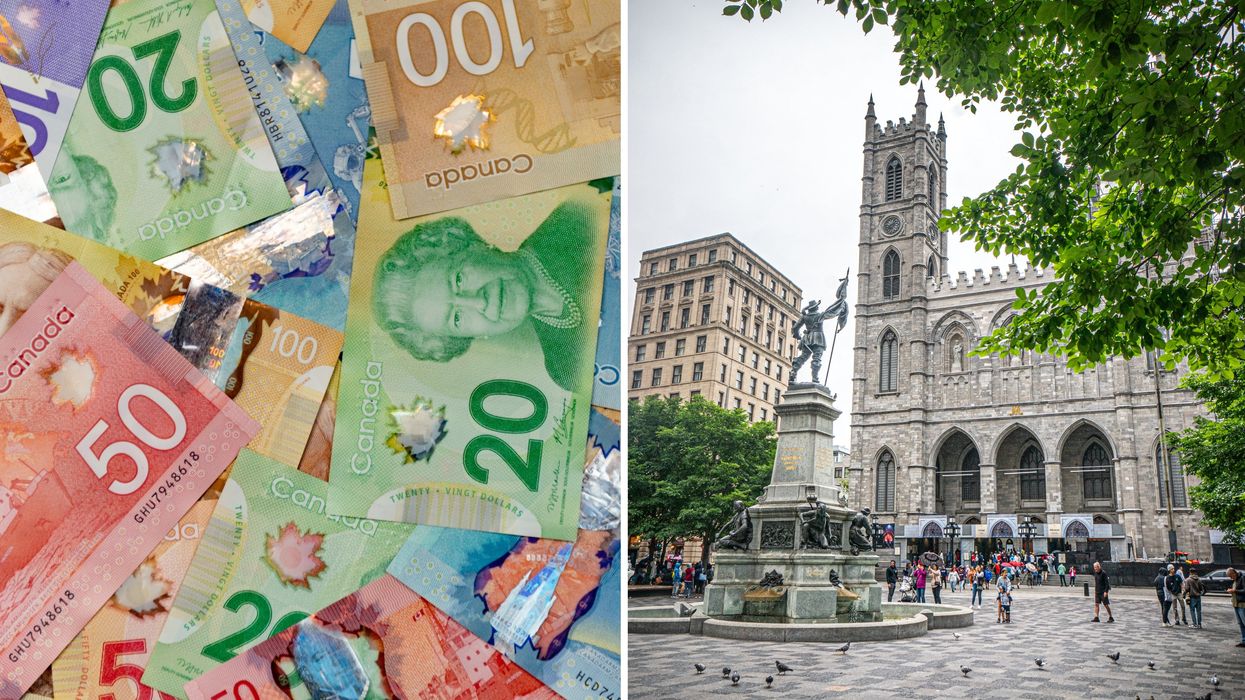 De l'argent canadien. Droite : la basilique Notre-Dame, à Montréal.